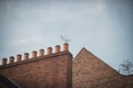 Closeup of a brick roof with chimneys against the blue sky Royalty Free Stock Photo