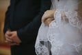 Closeup of a bride and groom standing next to each other in church