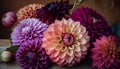 Bright Coloured Dahlias Lying on a Table, AI Generated