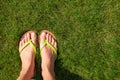 Closeup of bright flip flops and legs on green