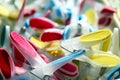 Closeup of brightly coloured clothes pegs with selective focus Royalty Free Stock Photo