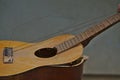 Closeup of a broken acoustic guitar