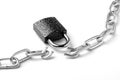 Closeup on broken chain and padlock on white background Royalty Free Stock Photo