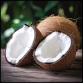 Closeup of broken coconut fruit on wooden background with space for caption.