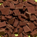 Closeup of broken, crushed dark chocolate bars stack isolated over green background