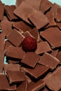 Closeup of broken, crushed dark chocolate bars stack with strawberry on top isolated over white background