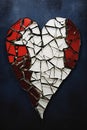 Closeup of a broken heart on a blue surface with a white and red