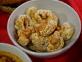 Closeup of brown crispy deep fried pork lard crackling khaep mu - famous and popular small side dish among the Thais