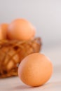 Closeup brown eggs wicker basket