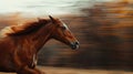 closeup of a brown horse in motion, running against a scenic background Royalty Free Stock Photo