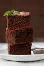 Closeup brownie stack, chocolate cake in plate