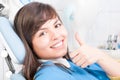 Closeup of brunette female patient smiling and showing thumb up Royalty Free Stock Photo