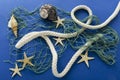 Closeup of fishing net, rope and seashell, starfish in it, blue surface.Concept of fish catching in the ocean Royalty Free Stock Photo