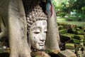 Closeup of Buddha head at bodhi tree in the temple