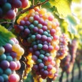 Closeup of bunch of purple grapes in a vineyard. AI generated