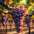 Closeup of bunch of purple grapes in a vineyard. AI generated