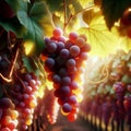 Closeup of bunch of purple grapes in a vineyard. AI generated