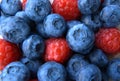 Closeup of a bunch of raspberries and blueberries Royalty Free Stock Photo