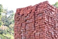 Closeup the bunch red bricks keep the row out side over out of focus green sky background Royalty Free Stock Photo