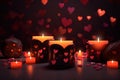 Closeup with burning candles and hearts and dark background for happy celebrations events Royalty Free Stock Photo