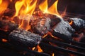 Closeup of burning charcoal on barbecue grill with flames and smoke. Barbecue Grill Pit With Glowing And Flaming Hot Charcoal Royalty Free Stock Photo