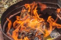 Closeup burning Joss paper or Hell Bank Note for ancestors.