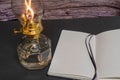 Closeup of a burning old antique hurricane oil lamp with open book on wooden table