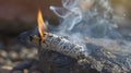 A closeup of a burning smudge stick used to cleanse and purify a space before an energy healing session. The smoke