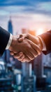 Closeup business handshake with city background, symbolizing success, teamwork, and agreements Royalty Free Stock Photo