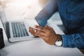 Closeup, business and man with a cellphone, hands and social media with connection, office and chatting. Male consultant Royalty Free Stock Photo