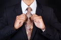 Closeup of business man fixing his neck tie Royalty Free Stock Photo