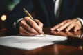 Closeup businessman hand signing significant contract document, with pen writing down signature on contract paper. Generative Ai Royalty Free Stock Photo