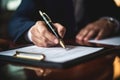 Closeup businessman hand signing significant contract document, with pen writing down signature on contract paper. Generative Ai Royalty Free Stock Photo