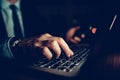 Closeup Businessman Working Laptop Office at Night