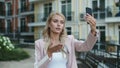 Closeup businesswoman walking with phone . Woman using video call on phone Royalty Free Stock Photo