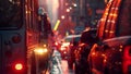 A closeup of busy city streets with cars and buses stuck in gridlocked traffic as people rush to their destinations