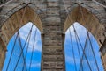 Closeup of the pointed arches above the passageways through the stone towers of the Brooklyn bridge in New York City USA Royalty Free Stock Photo