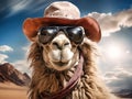 closeup of camel with sunglasses and hat Royalty Free Stock Photo