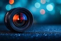 Closeup camera lens with lense reflection bokeh background by generative ai