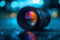 Closeup camera lens with lense reflection bokeh background by generative ai