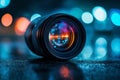 Closeup camera lens with lense reflection bokeh background by generative ai