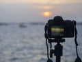 Closeup of a camera on a tripod outdoors. Background Landscape out of focus Royalty Free Stock Photo