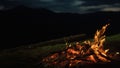 Closeup camp fire burning in dark evening night mountains landscape nature. Royalty Free Stock Photo