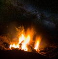 Camp fire at the night under starry sky Royalty Free Stock Photo