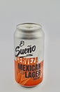 A closeup of a can of El Sueno Mexican style lager on a white background