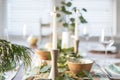 Closeup of candles on holiday dining table Royalty Free Stock Photo