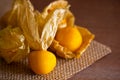 Closeup cape gooseberry on wooden table.