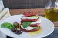 Closeup Caprese Salad with sliced red tomato, buffalo mozzarella, basil leaves and healthy whole olives dripping in extra virgin o Royalty Free Stock Photo