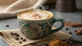 A closeup captures the inviting warmth of a latte nestled in an artisanal mug with intricate patterns with steam rising