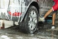 Closeup car washing in car wash shop service Royalty Free Stock Photo